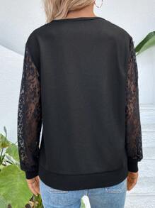 SHEIN LUNE Contrast Lace Sleeve V Neck Sweatshirt - Black - View 2