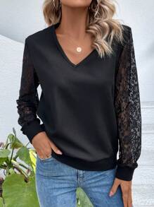 SHEIN LUNE Contrast Lace Sleeve V Neck Sweatshirt - Black - View 3