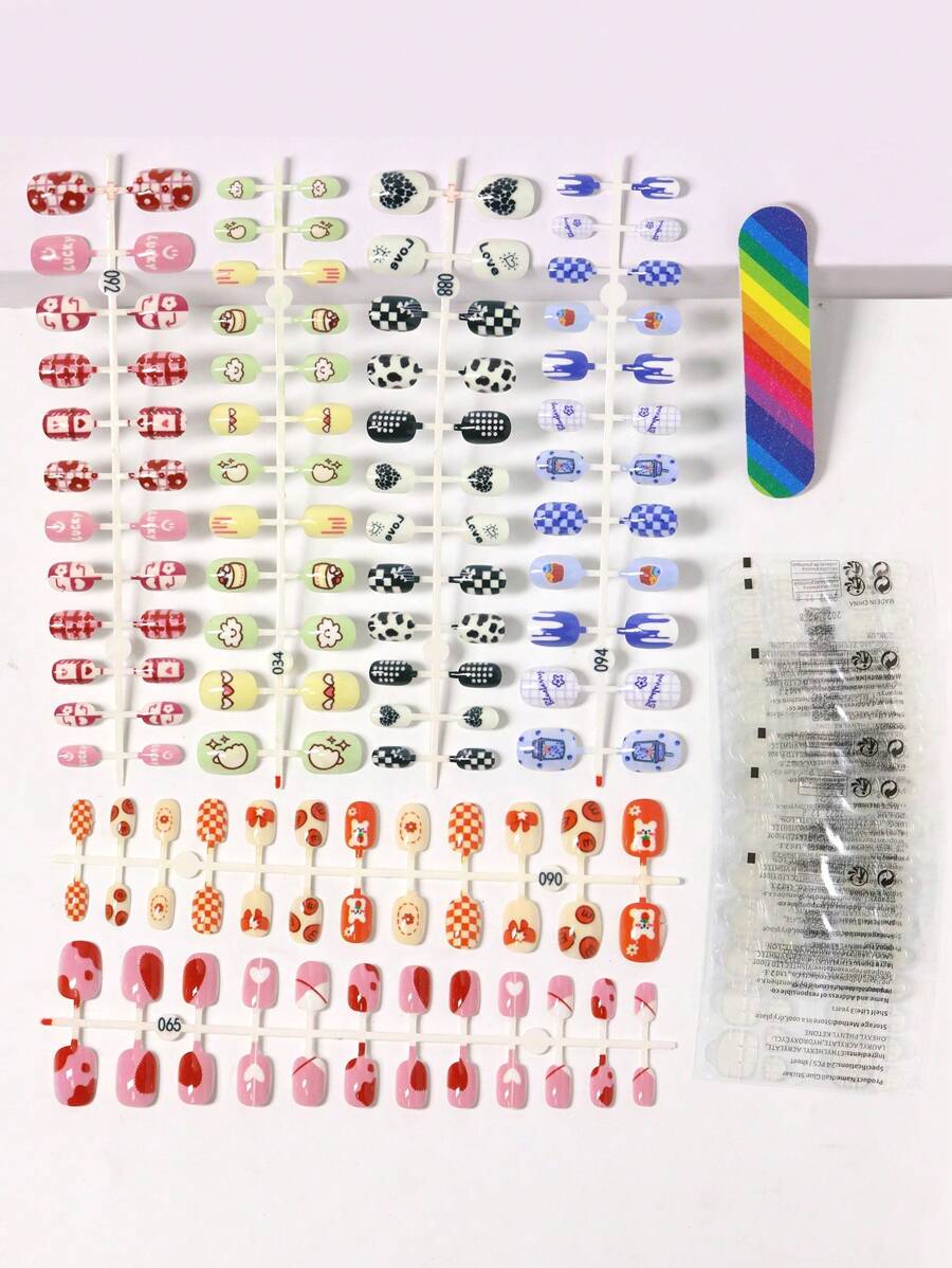 144pcs Short Elliptical Nail Pieces With Colorful Patterns, With A Nail File And 6 Jelly Gels Press On Nails Nail Supplies - Multicolor - View 1