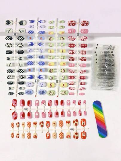 爪 人工爪 短め 楕円形 カラフル パターン 144個セット、ネイルファイル 1個、ジェリーゲル 6個セット