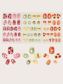 144pcs Short Elliptical Nail Pieces With Colorful Patterns, With A Nail File And 6 Jelly Gels Press On Nails Nail Supplies - Multicolor - View 4