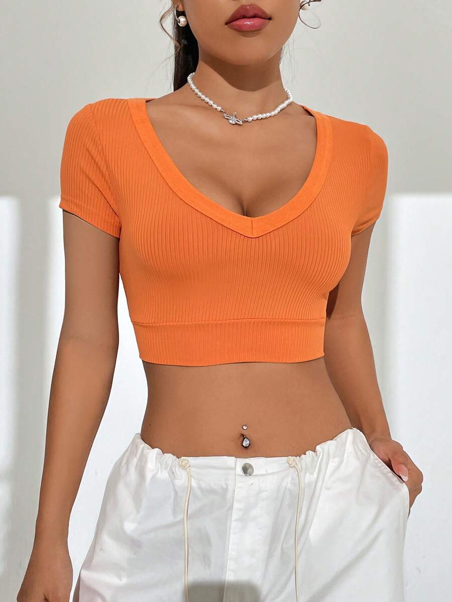 SHEIN EZwear Camiseta crop unicolor tejido de canalé - Naranja - Ver 1
