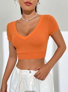 SHEIN EZwear Camiseta crop unicolor tejido de canalé - Naranja - Ver 4