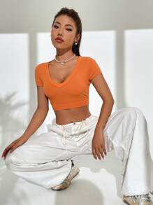 SHEIN EZwear Camiseta crop unicolor tejido de canalé - Naranja - Ver 7