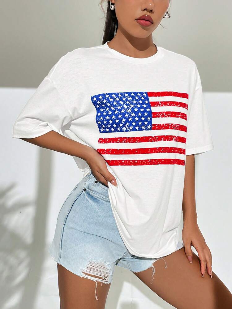 SHEIN EZwear 美國旗圖案落肩T恤 - 白色 - 查看 3
