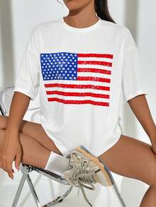 SHEIN EZwear 美國旗圖案落肩T恤 - 白色 - 查看 4