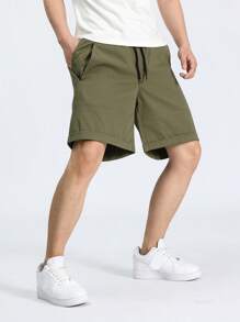 Manfinity Homme Men Drawstring Waist Slant Pocket Shorts - Army Green - View 6
