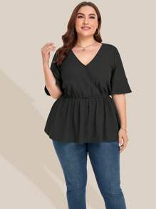 大碼素色V領荷葉邊下擺襯衫 - 黑色 - 查看 1