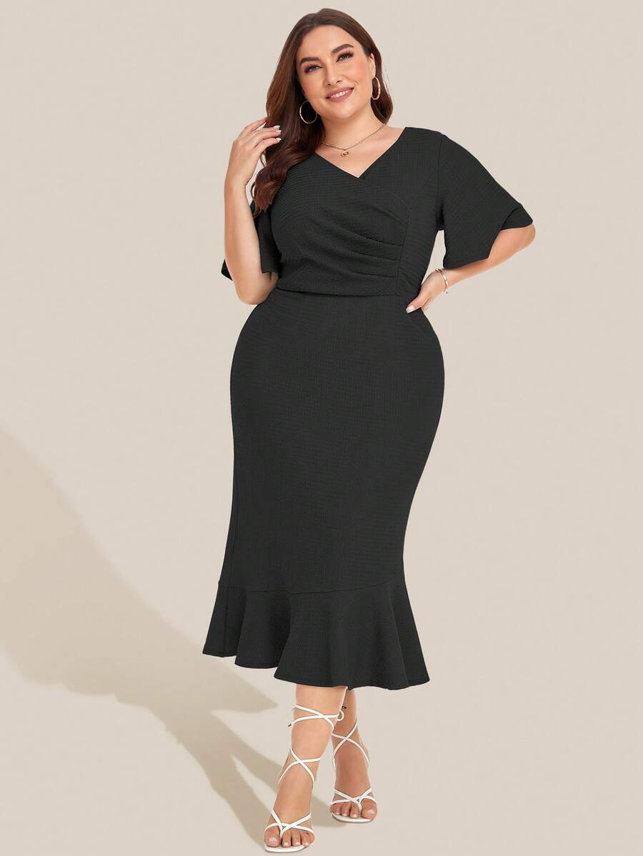 Đầm Plus Size Xù Trọn gói Viên lá sen màu trơn Thanh lịch - màu đen - Xem 1