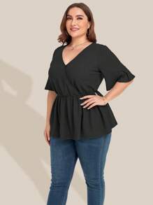 大碼素色V領荷葉邊下擺襯衫 - 黑色 - 查看 3