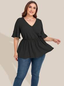 大碼素色V領荷葉邊下擺襯衫 - 黑色 - 查看 4