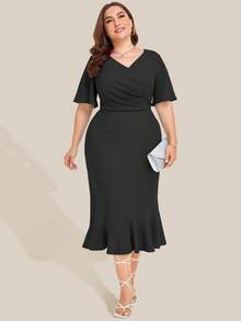 Đầm Plus Size Xù Trọn gói Viên lá sen màu trơn Thanh lịch - màu đen - Xem 4
