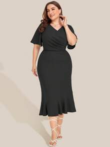 Đầm Plus Size Xù Trọn gói Viên lá sen màu trơn Thanh lịch - màu đen - Xem 5
