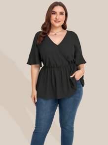 大碼素色V領荷葉邊下擺襯衫 - 黑色 - 查看 5