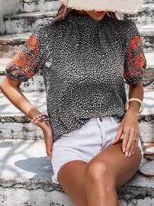 SHEIN LUNE 滿版印花小高領泡泡袖襯衫 - 黑色 - 查看 5