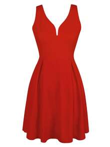 Solid Fold Pleated Detail Dress - Red - View 3