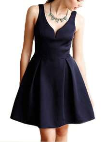 Đầm Lộ Lưng Dây kéo Uốn nếp màu trơn Thanh lịch - Màu xanh hải quân - Xem 3