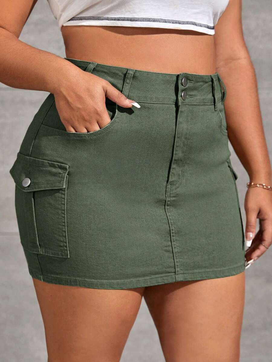 SHEIN ICON Plus Flap Pocket Denim Skirt - Army Green - View 1