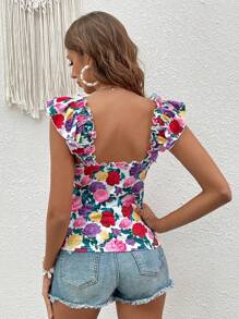 SHEIN VCAY Floral Print Ruffle Trim Tie Front Ruched Bustier Top - Multicolor - View 2