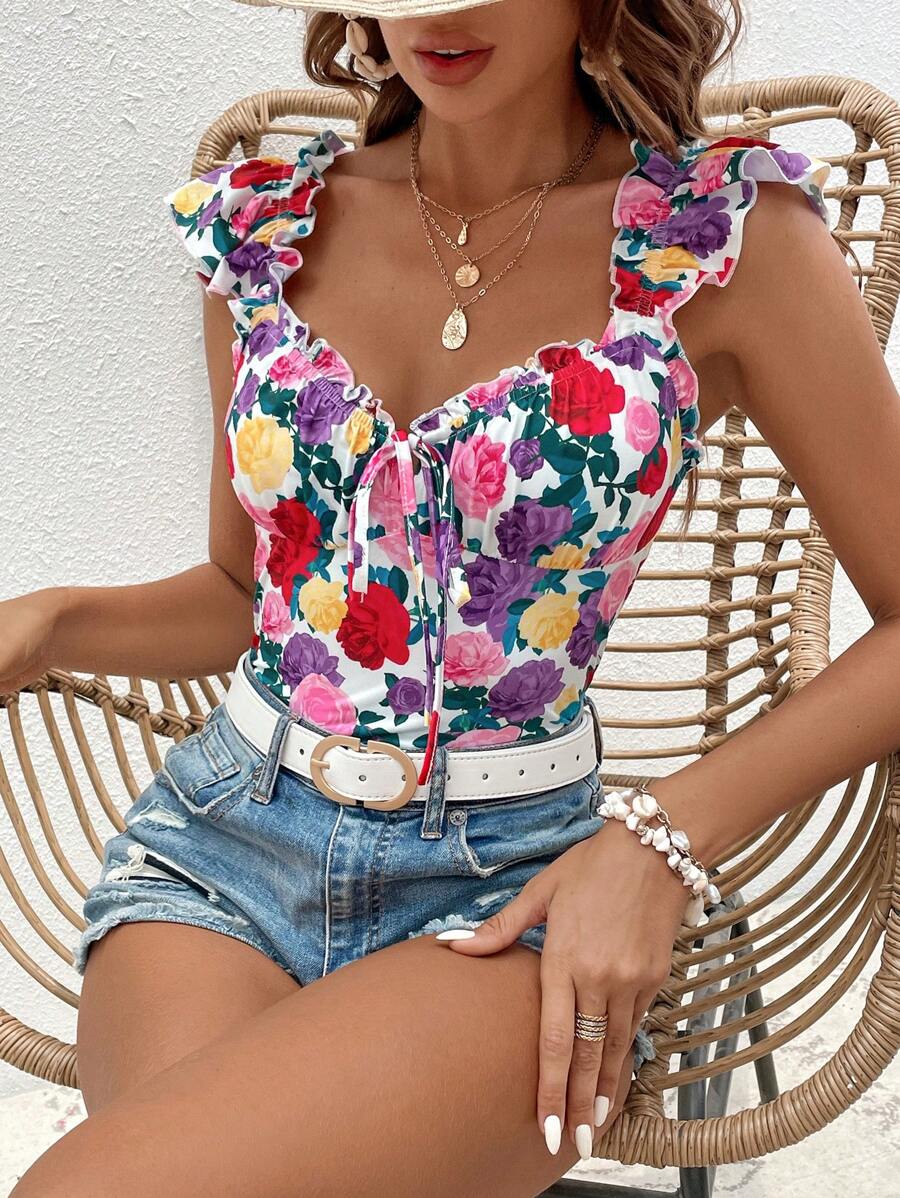 SHEIN VCAY Floral Print Ruffle Trim Tie Front Ruched Bustier Top - Multicolor - View 1