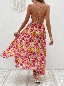 SHEIN VCAY Allover Floral Print Split Thigh Halter Dress - Multicolor - View 2
