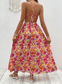 SHEIN VCAY Allover Floral Print Split Thigh Halter Dress - Multicolor - View 4