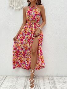SHEIN VCAY Allover Floral Print Split Thigh Halter Dress - Multicolor - View 5
