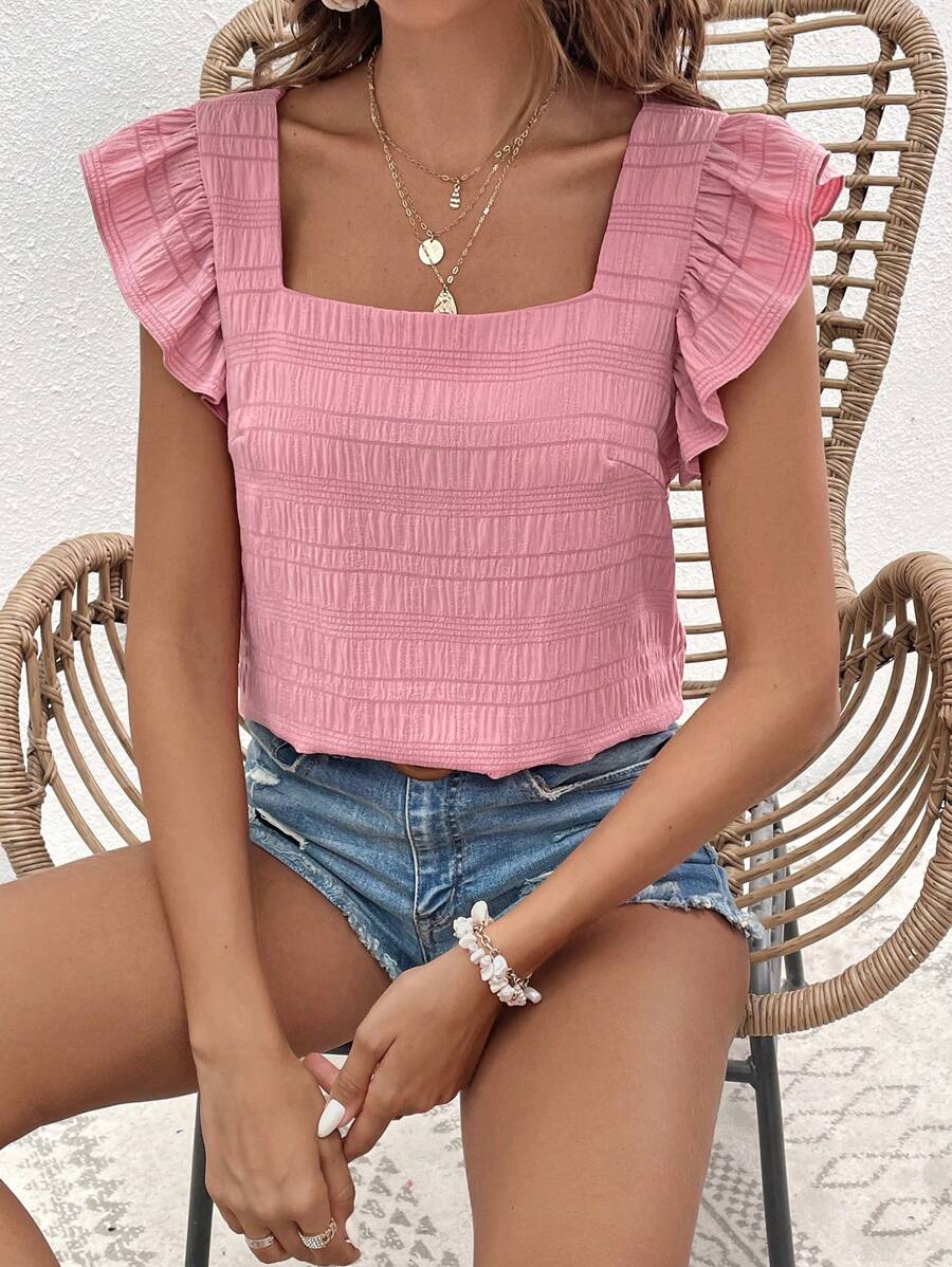 SHEIN VCAY Blusa de cuello cuadrado ribete con fruncido - Rosa vieja - Ver 1