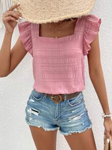 SHEIN VCAY Blusa de cuello cuadrado ribete con fruncido - Rosa vieja - Ver 4