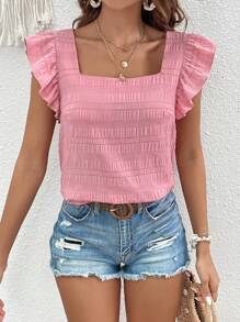 SHEIN VCAY Blusa de cuello cuadrado ribete con fruncido - Rosa vieja - Ver 6