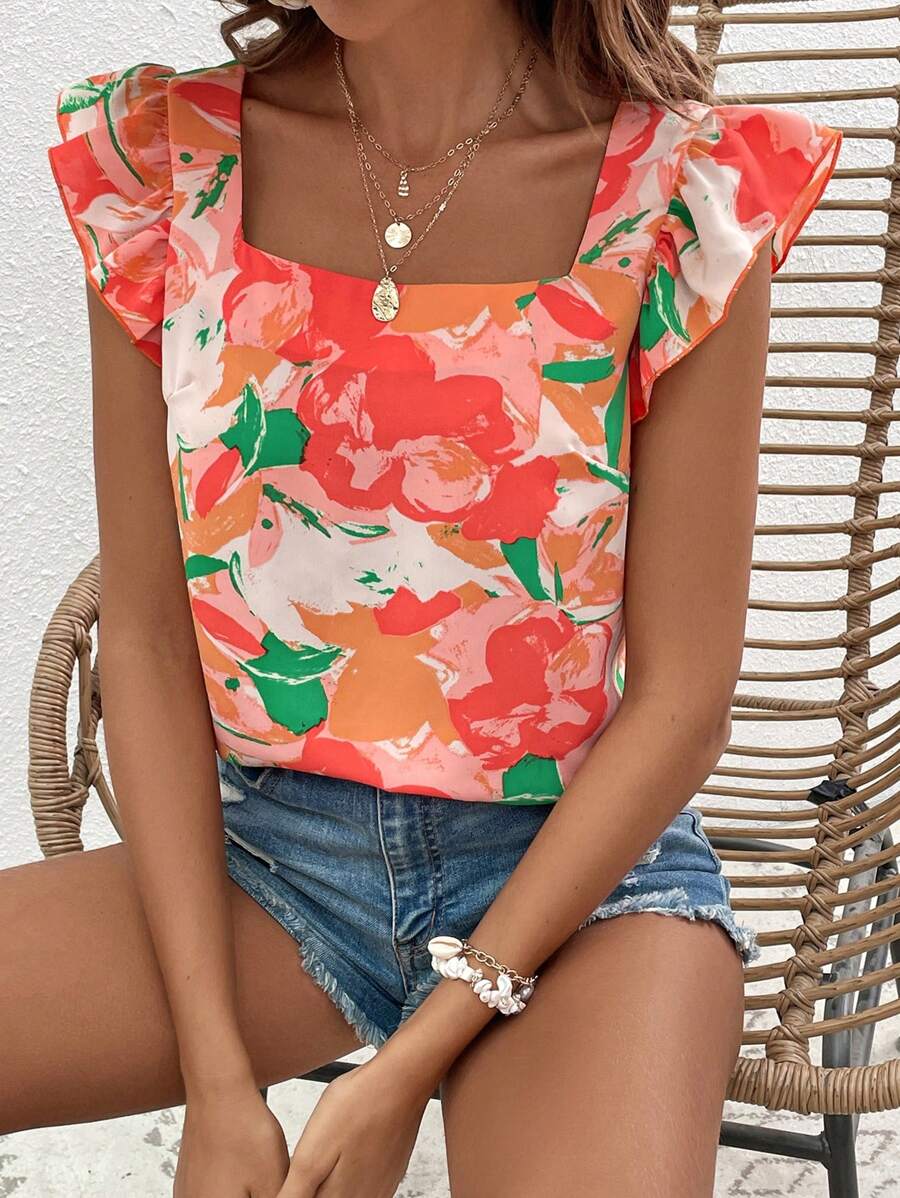 SHEIN VCAY Blusa de mujer con cuello cuadrado y manga corta para vacaciones - Multicolor - Ver 1