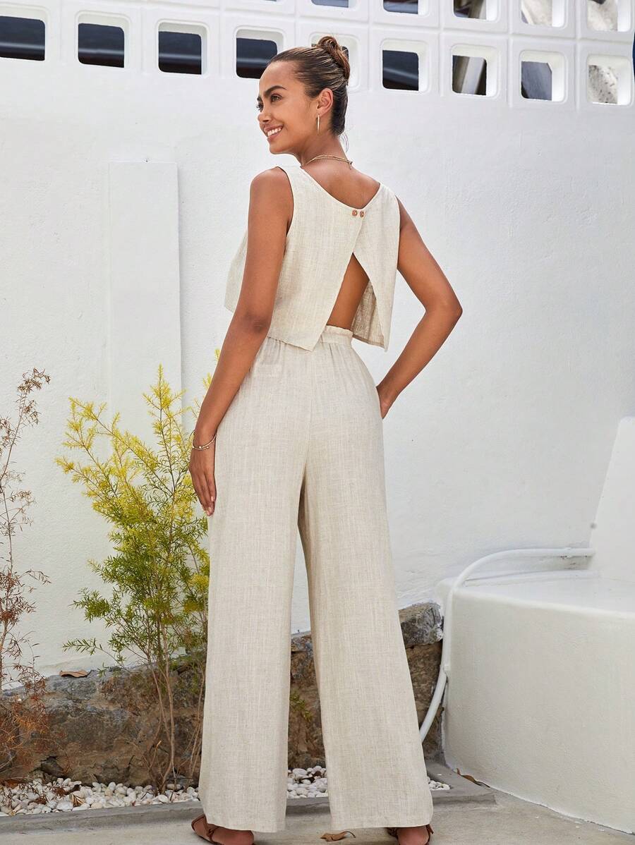 SHEIN VCAY Bộ đồ hai mảnh nữ Nút Túi Chia màu trơn Giải trí - Màu be - Xem 1