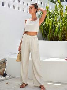 SHEIN VCAY Bộ đồ hai mảnh nữ Nút Túi Chia màu trơn Giải trí - Màu be - Xem 6