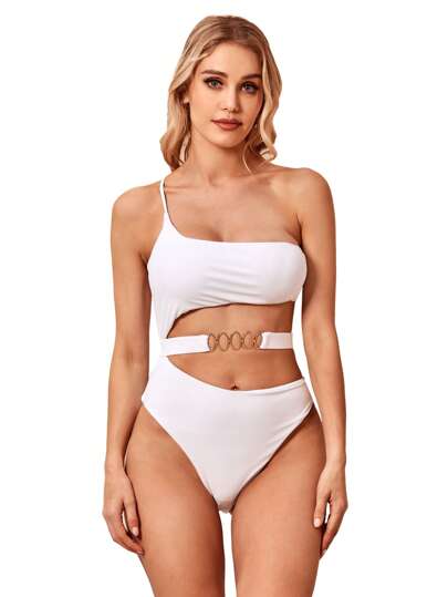 SHEIN Swim 纯色环扣镂空腰部连体泳衣夏季