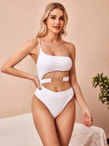 SHEIN Swim Traje de baño de una pieza con cintura recortada y eslabones sólidos para verano
