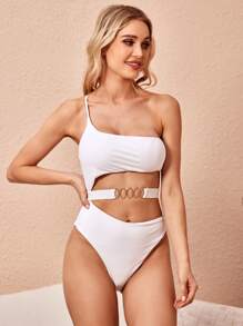 SHEIN Swim Traje de baño de una pieza con cintura recortada y eslabones sólidos para verano