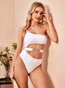 SHEIN Swim Traje de baño de una pieza con cintura recortada y eslabones sólidos para verano
