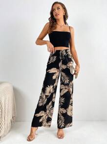 SHEIN Tall 熱帶圖案闊腿褲 - 黑色 - 查看 1