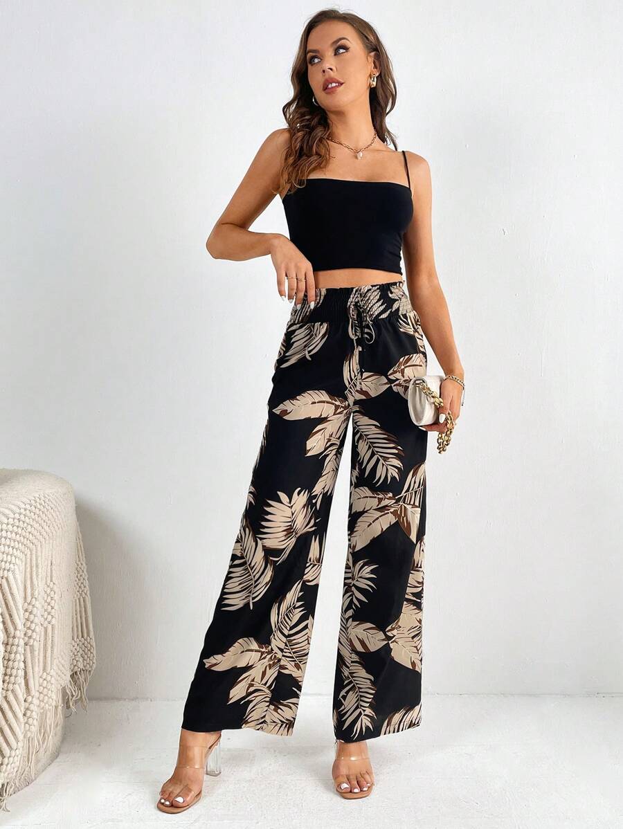 SHEIN Tall 熱帶圖案闊腿褲 - 黑色 - 查看 1