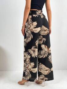 SHEIN Tall 熱帶圖案闊腿褲 - 黑色 - 查看 2