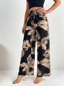 SHEIN Tall 熱帶圖案闊腿褲 - 黑色 - 查看 4