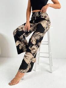 SHEIN Tall 熱帶圖案闊腿褲 - 黑色 - 查看 6