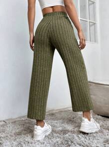 SHEIN PETITE Solid Knot Waist Ribbed Knit Trousers - Olive Green - View 2
