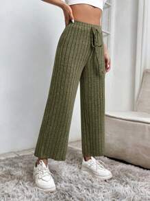 SHEIN PETITE Solid Knot Waist Ribbed Knit Trousers - Olive Green - View 3