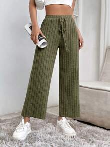 SHEIN PETITE Solid Knot Waist Ribbed Knit Trousers - Olive Green - View 4
