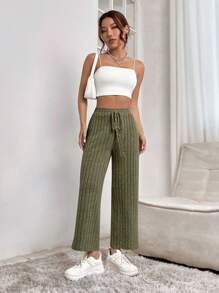 SHEIN PETITE Solid Knot Waist Ribbed Knit Trousers - Olive Green - View 5