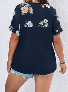 SHEIN LUNE Plus Floral Print Flounce Sleeve Tee Graphic Tees Women Tops