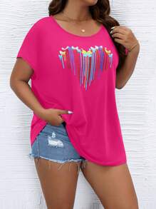 SHEIN LUNE Áo thun Plus size Tim Giải trí - Màu Hồng Tươi - Xem 1