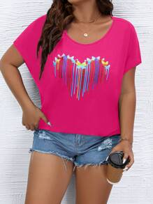 SHEIN LUNE Áo thun Plus size Tim Giải trí - Màu Hồng Tươi - Xem 5