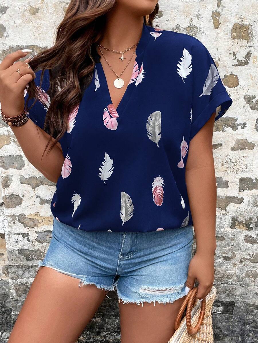 SHEIN LUNE Blusa con estampado de pluma de manga murciélago - Azul Marino - Ver 1